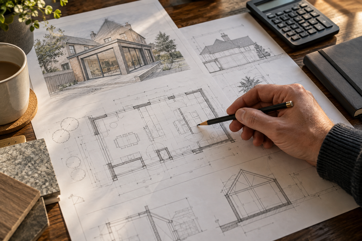 Architectural drawings being reviewed with a pencil at a desk